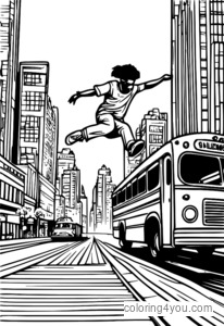 Hip-hop dancer jumping over city bus