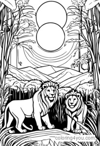 Pride of lions roaming through jungle at night under stars, coloring page illustration