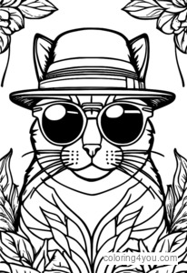 Moderne Modeillustration einer Katze mit stilvollem Hut und Sonnenbrille