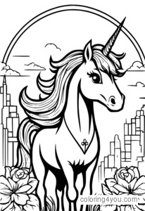 Dibujo para colorear de un unicornio con un lazo de arcoíris