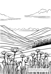 A colouring page featuring a beautiful illustration of wildflowers swaying in the breeze