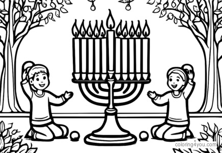 sevimli Hanukka menora va dreydelni bolalar uchun qiziqarli va bayramona rang berish sahifalarimiz bilan ranglang.