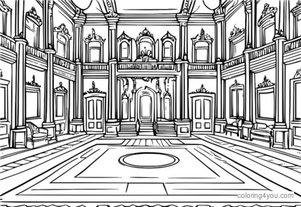 coloriage d'une famille royale dans une grande salle de bal, à l'intérieur d'un château royal.