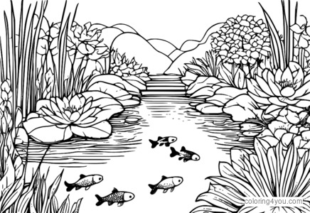 Jardin printanier avec poissons koi et atmosphère paisible