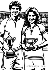 Andre Agassi y Monica Seles sosteniendo trofeos de tenis en un entorno positivo