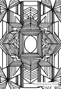 Colorful geometric pattern coloring page with symmetrical design and lines