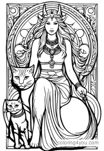 Freya, dewi katresnan lan kaendahan Norse, diubengi kucing lan perhiasan. Kaca-kaca pewarna gratis kanggo Anak lan Dewasa Kanggo Print or Download