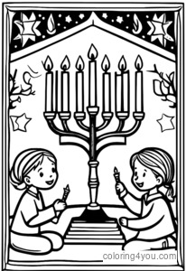 sevimli Hanukka menora va dreydelni bolalar uchun qiziqarli va bayramona rang berish sahifalarimiz bilan ranglang.