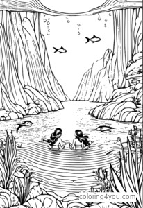 A group of elves and mermaids swimming together in an underwater kingdom.