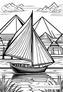 Sailing boat on the Nile River with the Pyramids of Giza coloring page