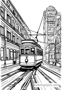 página para colorir de um bonde antigo em uma linha ferroviária