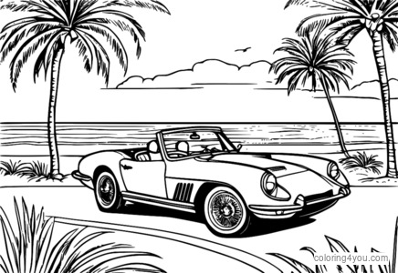 Classic black convertible sports car driving on a sandy beach