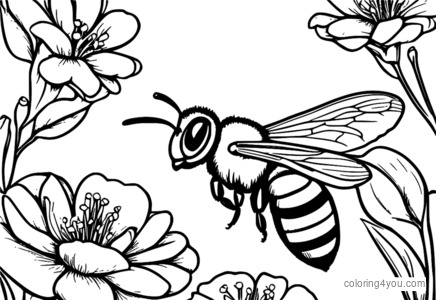 Coloriages Insectes : Abeilles sur les fleurs de pommier