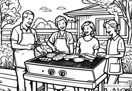 Family BBQ coloring page na may malaking grill at kubo na puno ng pagkain.