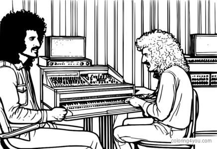 illustrazione colorata di Freddie Mercury e Brian May dei Queen che suonano insieme nello studio di registrazione.