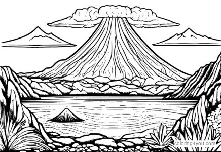 ilustrasi berwarna saka letusan gunung berapi kanthi watu lan aliran lava