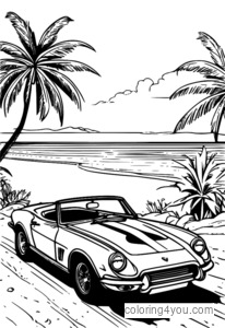 Classic black convertible sports car driving on a sandy beach