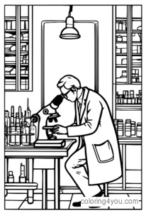 Laboratoriotakissa tutkiva tutkija, joka tutkii soluja mikroskoopilla