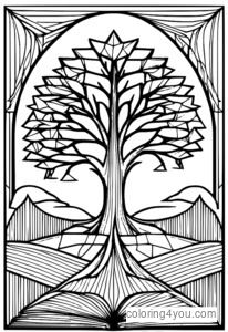 Isang magandang Japanese origami tree coloring page