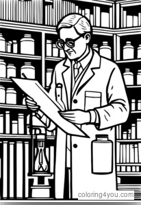 Coloring page of a scientist in a lab coat conducting an electricity experiment