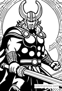 Thor brandit Mjolnir dans ce coloriage épique de la mythologie nordique