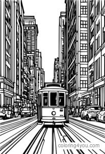 A colorful trolley car driving through a busy city street.