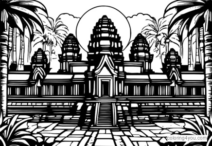 Illustrazione drammatica del tempio Bayon ad Angkor Wat con intricate sculture in pietra e un'atmosfera misteriosa