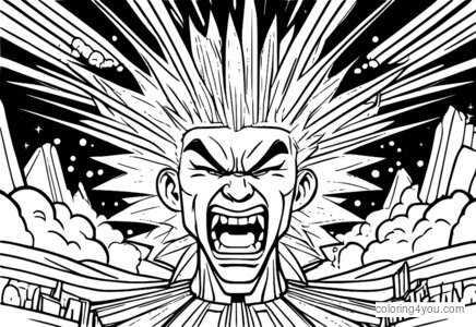 Cartoon character with massive anger explosion in background, fun coloring page for kids.