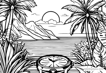 Coloring page of a simple, sporty watch with a rubber strap and a colorful display showing a fun, tropical scene.