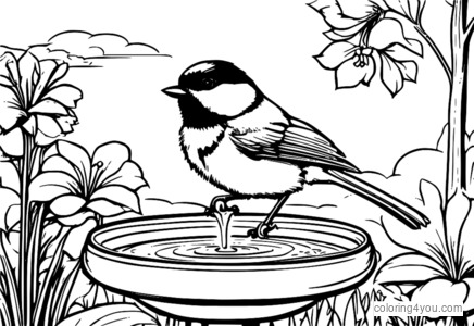 Chickadee kleurplaat met vogelbad op een zonnige dag