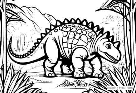 fargerik illustrasjon av en ankylosaurus med køllelignende hale og vennlige dinosaurer i en forhistorisk skog.