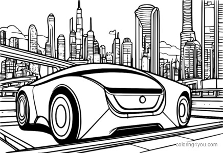 Illustrazione di un'auto elettrica che si ricarica in una stazione futuristica con un paesaggio urbano