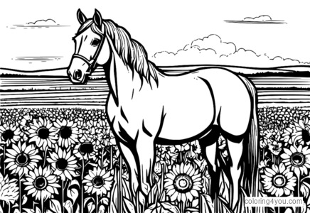 Horse standing next to a seeder in a green field with sunflowers