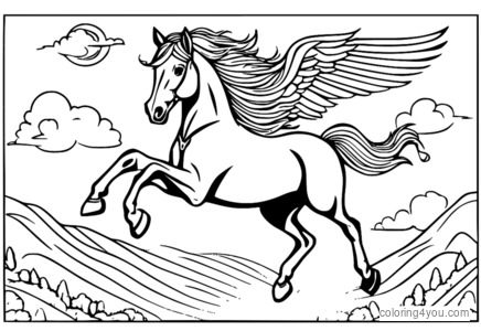 Cheval avec des ailes et une couronne, volant dans le ciel