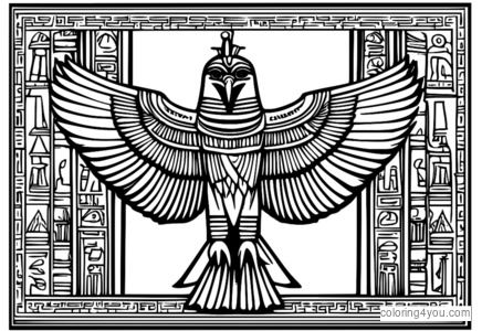 Horus, egyptisk falkgud, omgiven av hieroglyfer och gamla skrifter.