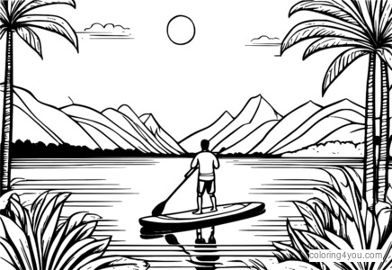 Coloring page of a paddleboard on a lake