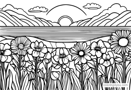 Spring sunrise coloring page with flowers