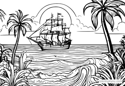 Mermaid standing on a treasure island with a pirate ship in the background, surrounded by palm trees and a sunset