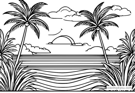 Vibrant Ocean Coloring Page with Palm Trees