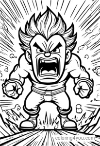 Cartoon character with massive anger explosion in background, fun coloring page for kids.