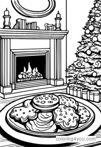 Christmas stockings and cookies by the fireplace coloring page