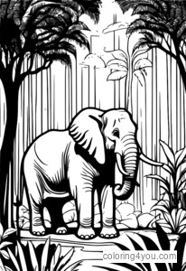 Dibujo para colorear de un elefante durmiendo plácidamente cerca de un árbol en la selva.