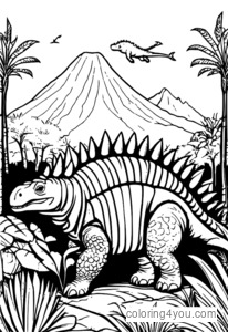 fargerik illustrasjon av en ankylosaurus med køllelignende hale og vennlige dinosaurer i en forhistorisk skog.