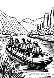 Group of friends rafting down a river on a sunny day