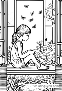 Jeune fille assise seule dans un jardin avec une expression triste, entourée d'insectes.