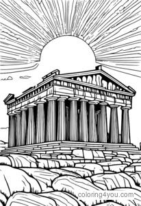 En solnedgang over Parthenon, med en brennende himmel og silhuettsøyler, i en dramatisk og fantastisk scene