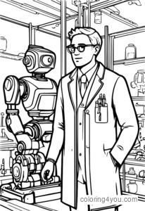 pahina ng pangkulay ng isang robotic scientist sa isang lab coat na gumagawa ng isang robot