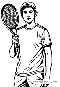 Coloring page of a sad tennis player holding a tennis racket and looking at a tennis ball