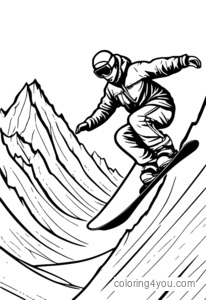 coloriage de snowboard avec des flocons de neige et des pins