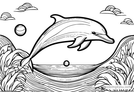 Coloring page of a dolphin playing with a ball